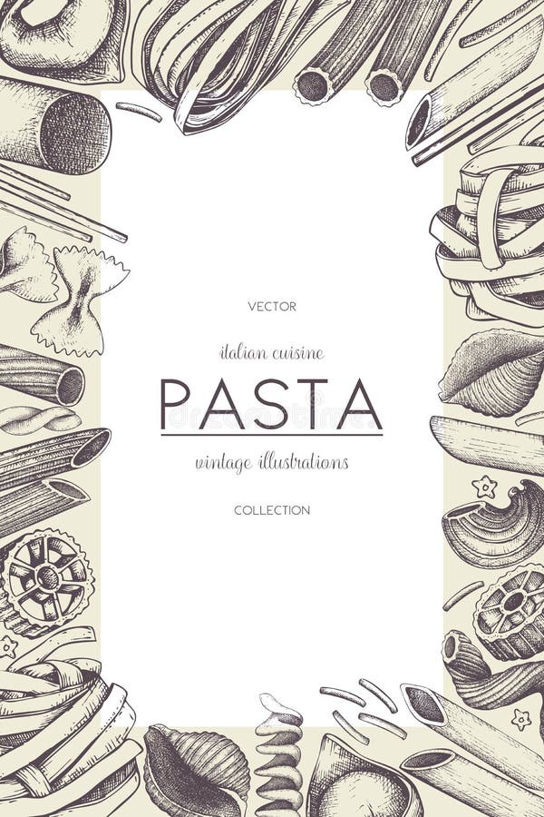 Vector menu template with traditional Italian pasta. Hand drawn food sketch. Vintage card or invitation design for cafe or restaurant design. Vector menu template with traditional Italian pasta. Hand drawn food sketch. Vintage card or invitation design for cafe or restaurant design